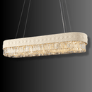 Angled view of Florence Trapunto Neve ivory leather and crystal linear chandelier