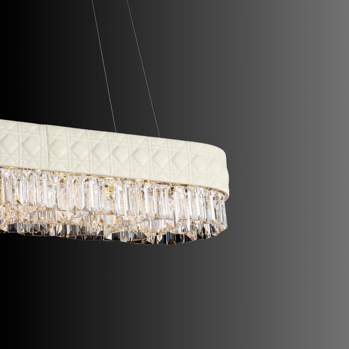 Close up of leather and crystal parts of a chandelier on a dark background