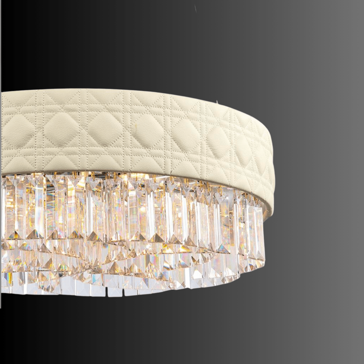 Close-up of Florence Trapunto Neve chandelier showing Asfour crystals and quilted leather band.