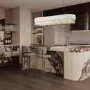 Florence Trapunto Neve chandelier above marble kitchen island in luxury contemporary interior.