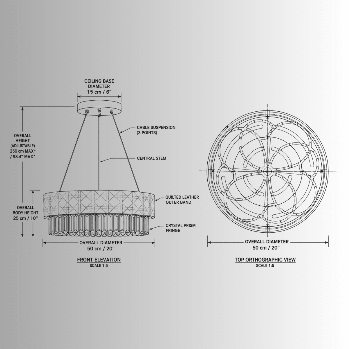CAD drawing of Florence Trapunto Salvia 50 cm sage leather and crystal chandelier.
