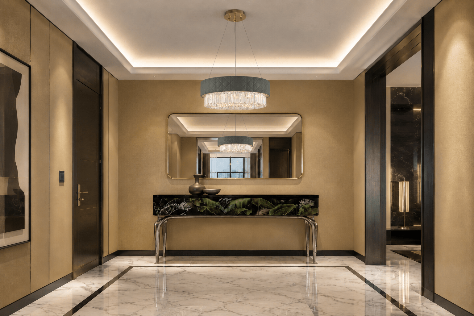 Florence Trapunto Salvia sage leather chandelier in a luxury London penthouse entrance.