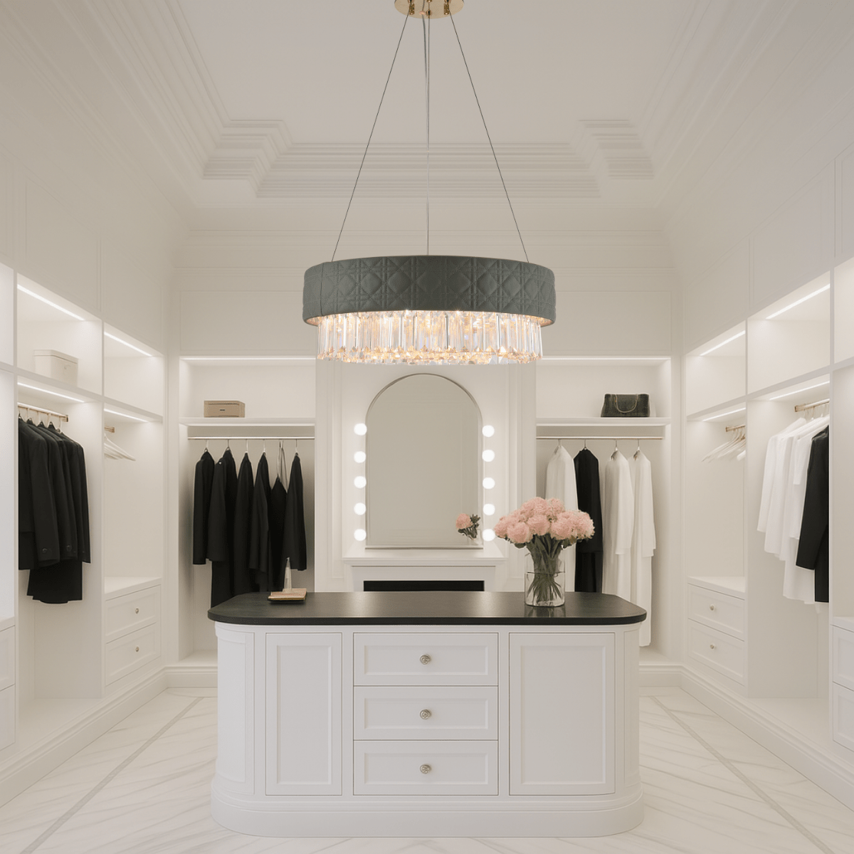 Florence Trapunto Salvia chandelier lighting a white dressing room with luxury modern decor.
