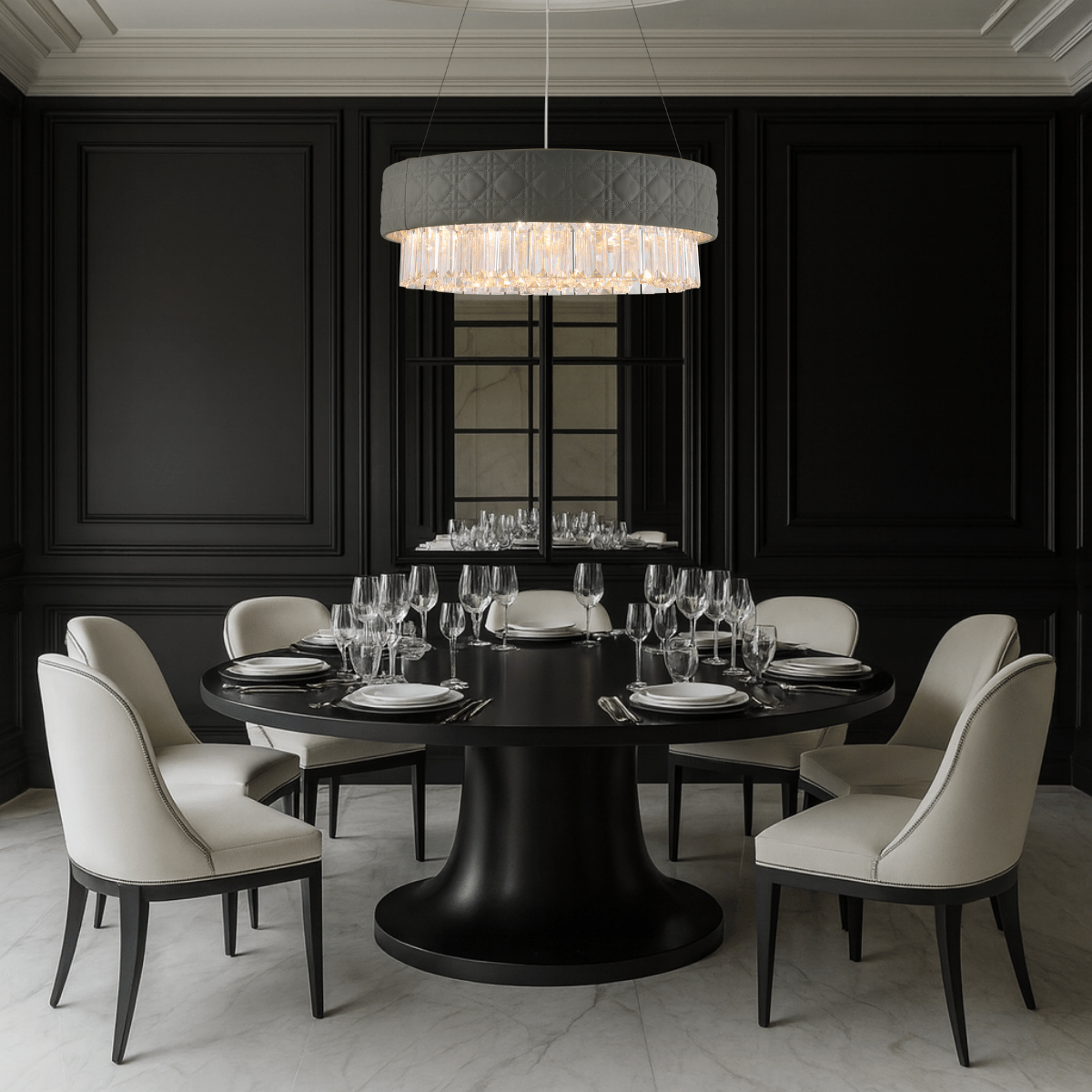 Florence Trapunto Salvia chandelier above dining table in dark luxury interior by HDLS Lighting.