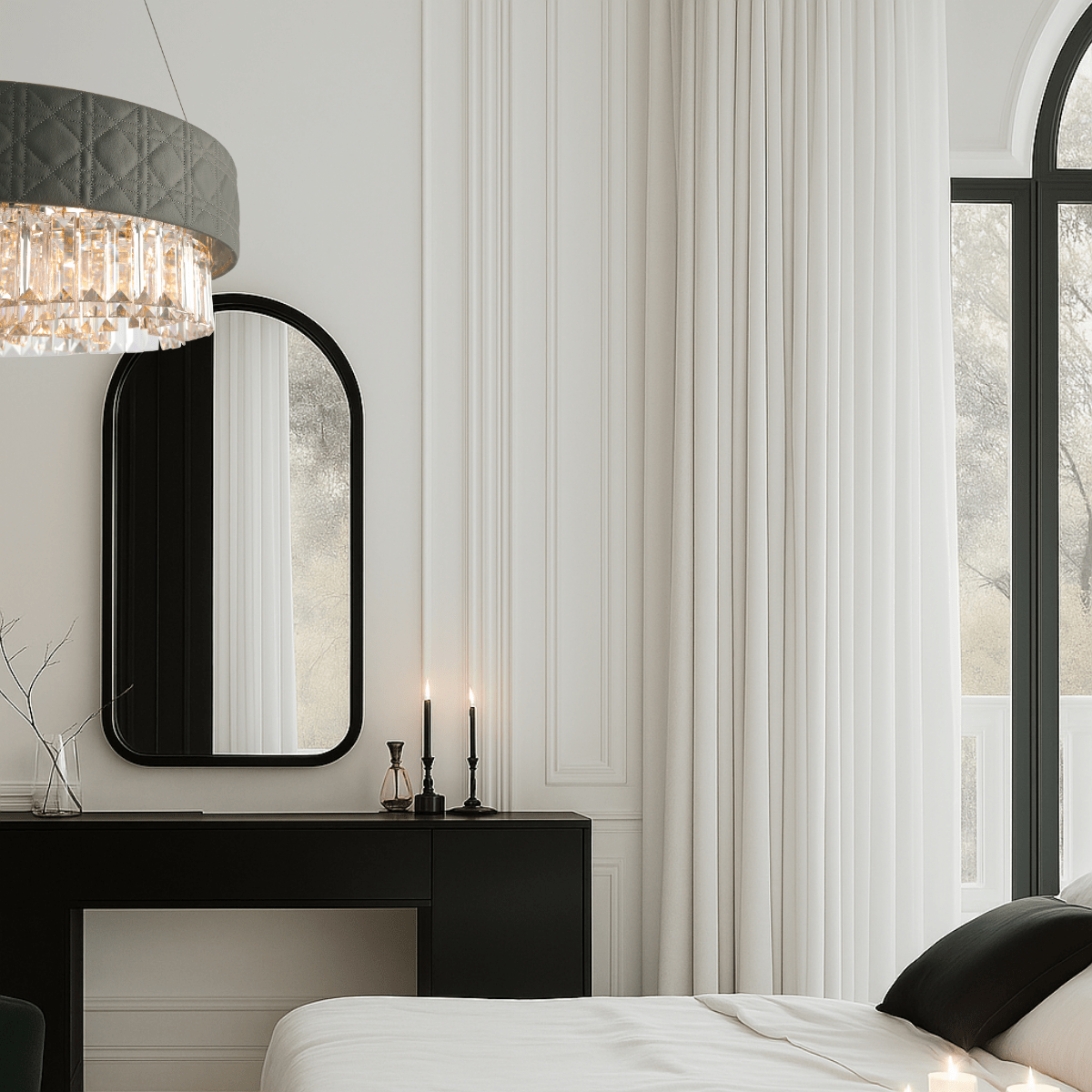 Florence Trapunto Salvia chandelier illuminating a modern bedroom with elegant neutral tones