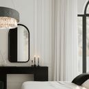 Florence Trapunto Salvia chandelier illuminating a modern bedroom with elegant neutral tones