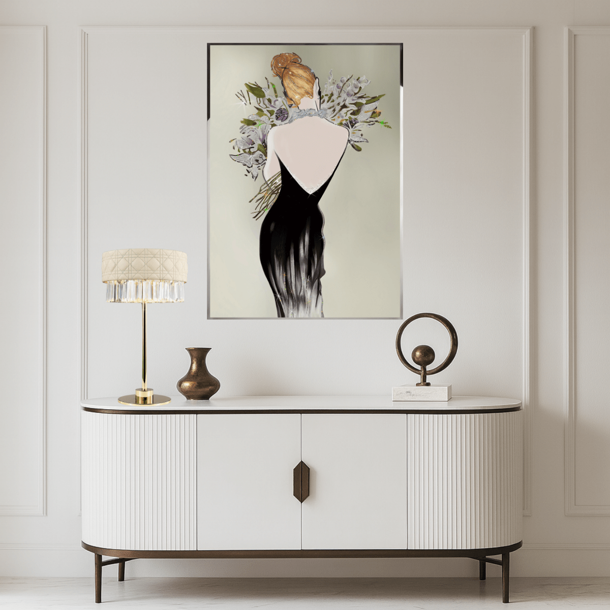 Florence Trapunto Thalia designer table lamp placed on a console in a refined contemporary living by HDLS Lighting.