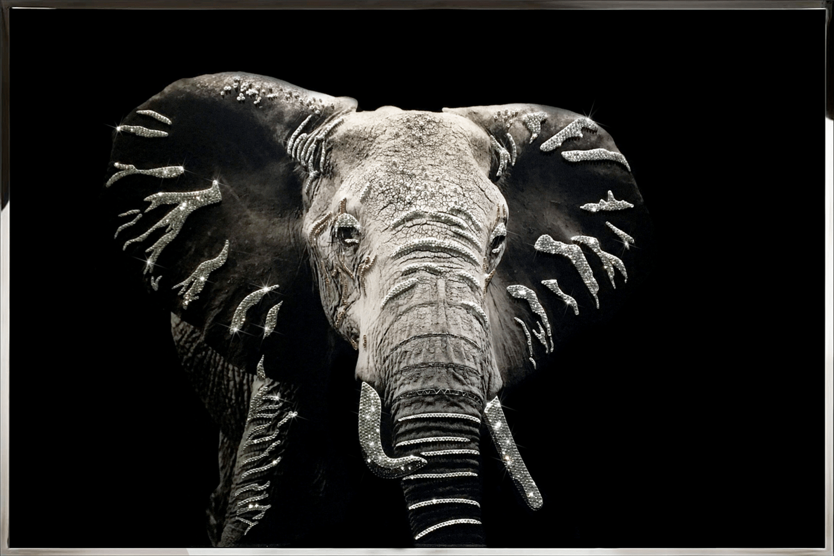 Close-up of Fortuna crystal elephant artwork showing Swarovski crystal detailing on tusks and ears.