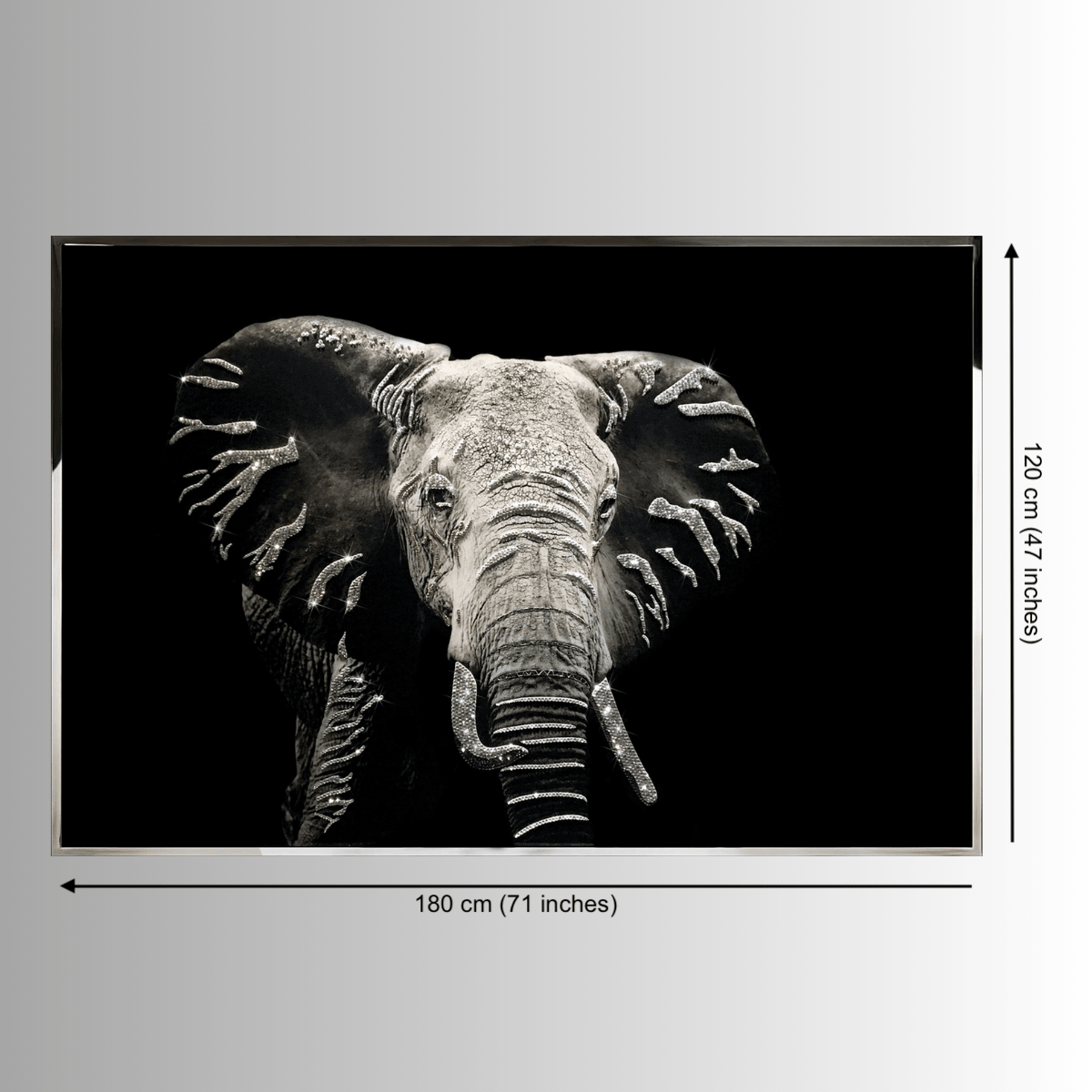 Fortuna crystal elephant wall art size guide showing 180 cm width and 120 cm height dimensions.