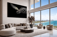 Gaia Swarovski crystal sea turtle wall art displayed in luxury penthouse living room with ocean view
