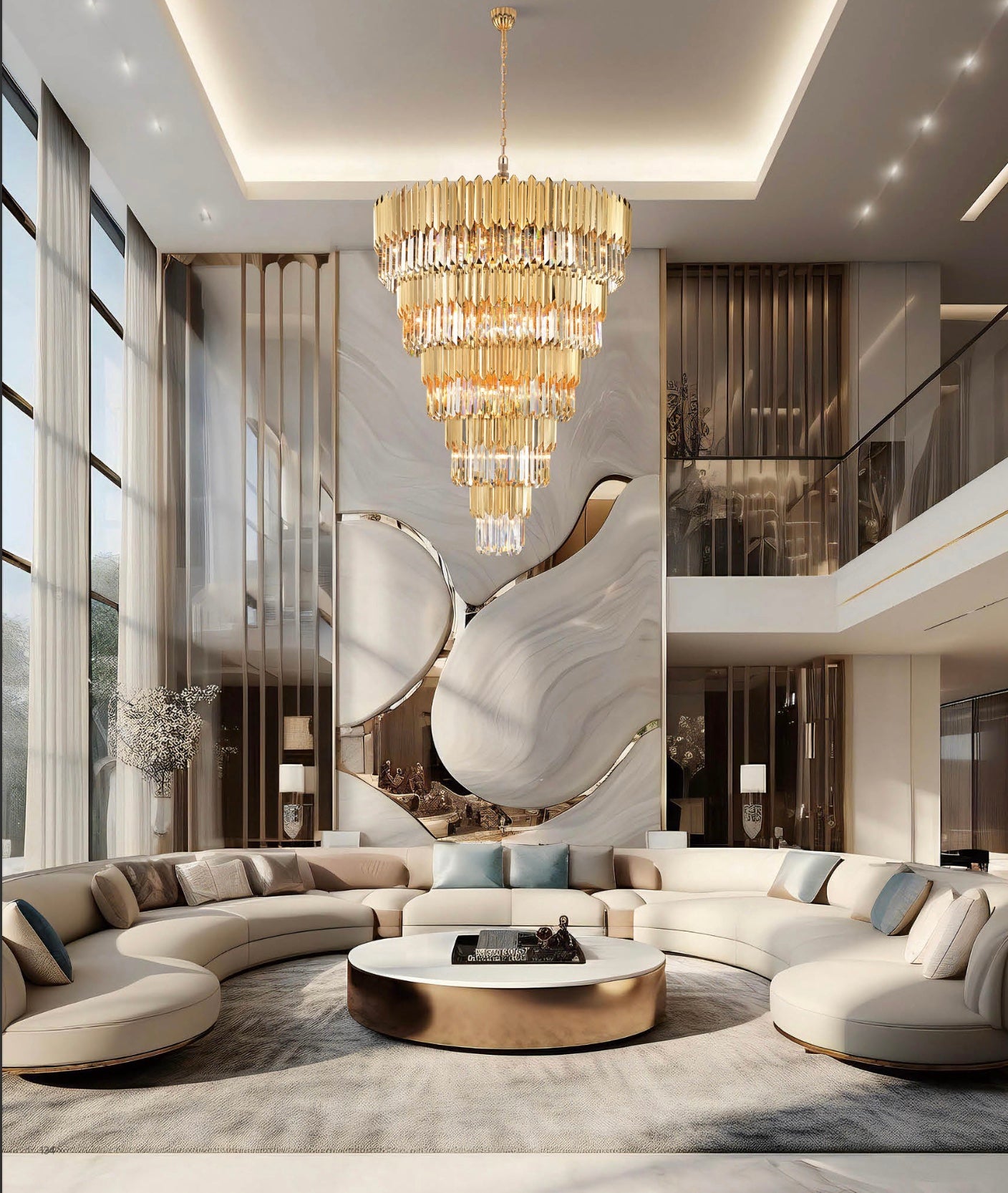 Grand-scale gold chandelier designed for a double-height Middle Eastern interior, showcasing architectural lighting and luxury craftsmanship.