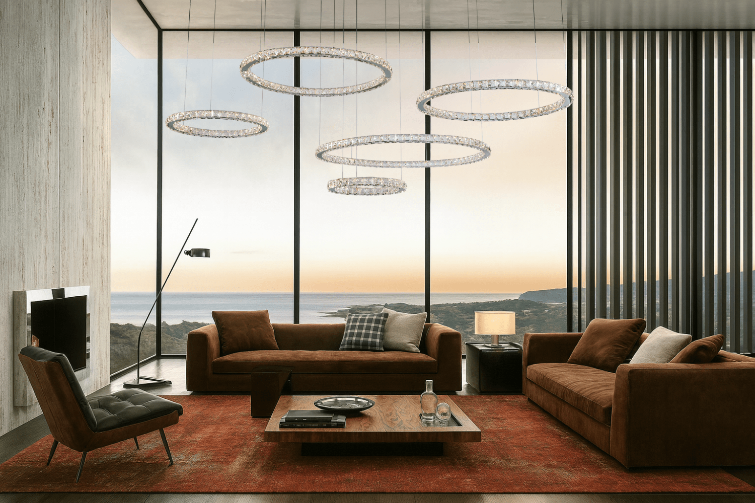 Crystal ring chandelier displayed in a luxury modern living room with floor-to-ceiling windows and neutral interior decor.