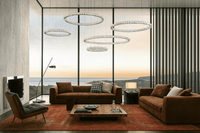 Crystal ring chandelier displayed in a luxury modern living room with floor-to-ceiling windows and neutral interior decor.