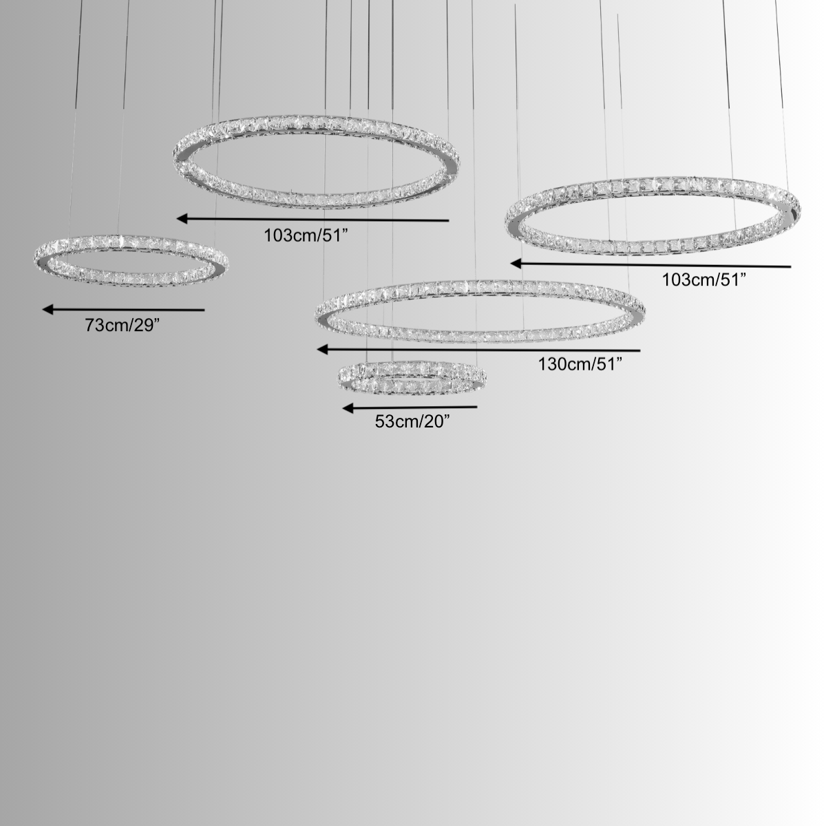 Technical diagram of the Halo Luxe Celestia five-ring crystal chandelier showing ring diameters and layout spacing.
