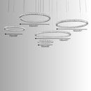 Technical diagram of the Halo Luxe Celestia five-ring crystal chandelier showing ring diameters and layout spacing.