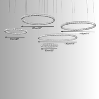 Technical diagram of the Halo Luxe Celestia five-ring crystal chandelier showing ring diameters and layout spacing.