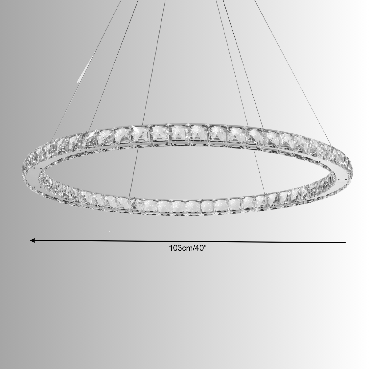 Technical diagram of the Halo Luxe Seraphina chandelier showing ring diameter, suspension height, and structural measurements