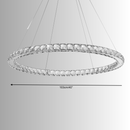 Technical diagram of the Halo Luxe Seraphina chandelier showing ring diameter, suspension height, and structural measurements