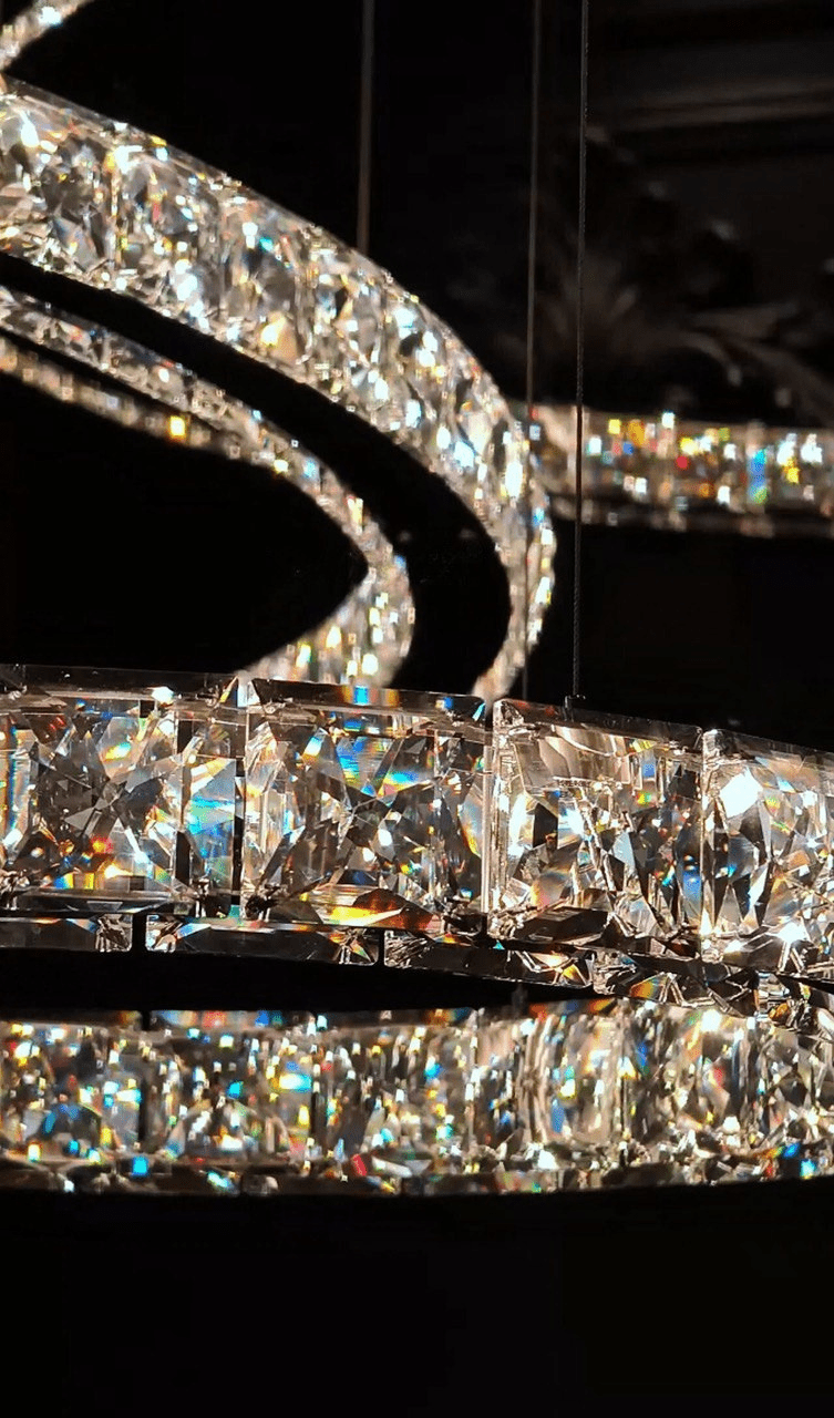 Close-up view of precision-cut lead-free crystals on the Seraphina chandelier, highlighting texture and clarity.