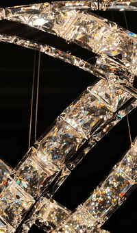 Close-up view of precision-cut lead-free crystals on the Seraphina chandelier, highlighting reflective brilliance.