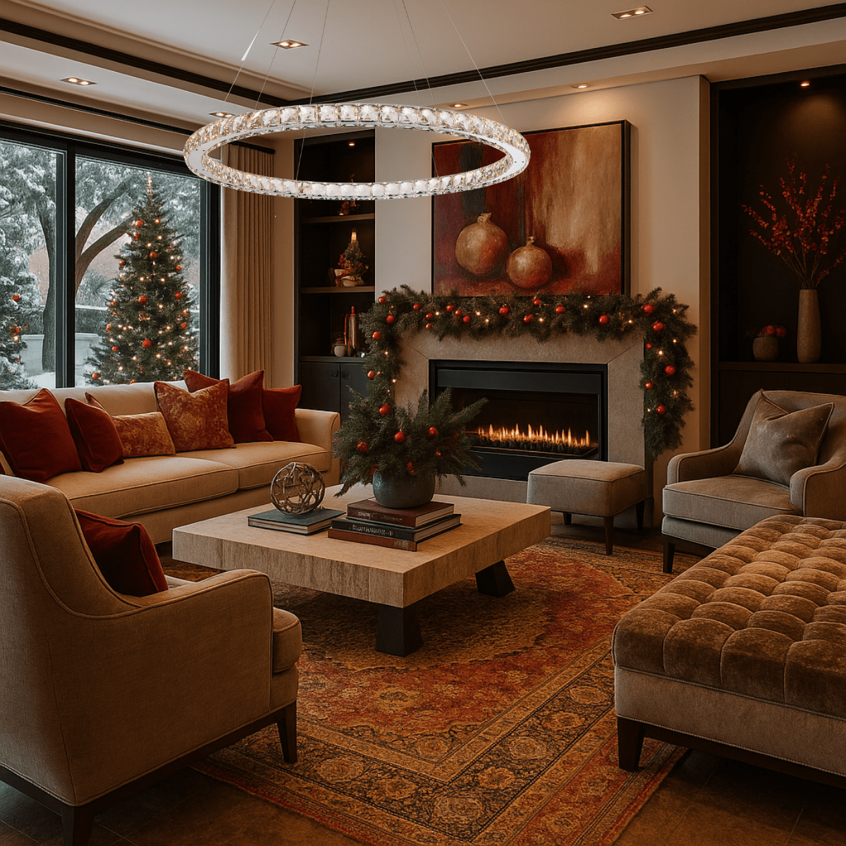 Crystal Halo Seraphina chandelier hangs above a warm holiday-themed living room with a fireplace, festive decor.