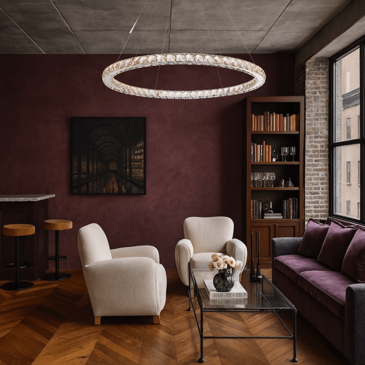 Halo Luxe Seraphina crystal chandelier installed in a modern living room with warm decor, showcasing halo illumination.