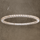 Modern crystal halo chandelier with stainless steel frame and precision-cut crystals suspended on cables.