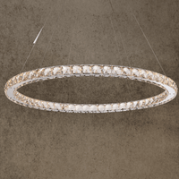 Modern crystal halo chandelier with stainless steel frame and precision-cut crystals suspended on cables.