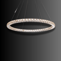 Luxury crystal ring chandelier with stainless steel halo and LED lighting, displayed on a dark background.