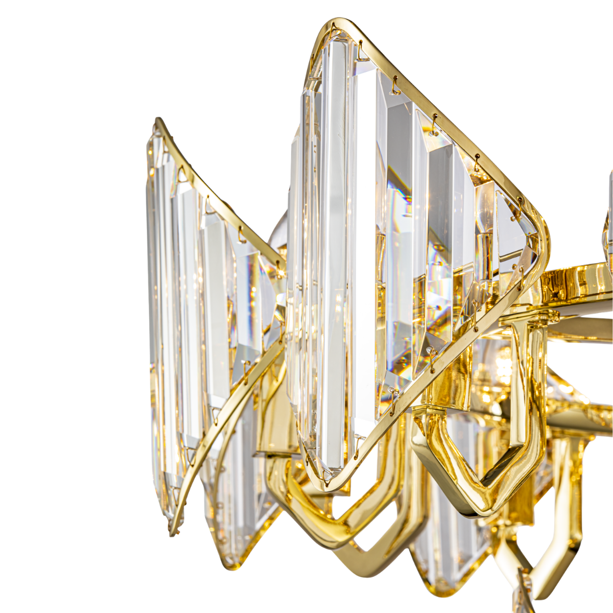 Close-up of A+ grade lead-free crystal panels in a luxury HDLS chandelier with precise linear faceting.