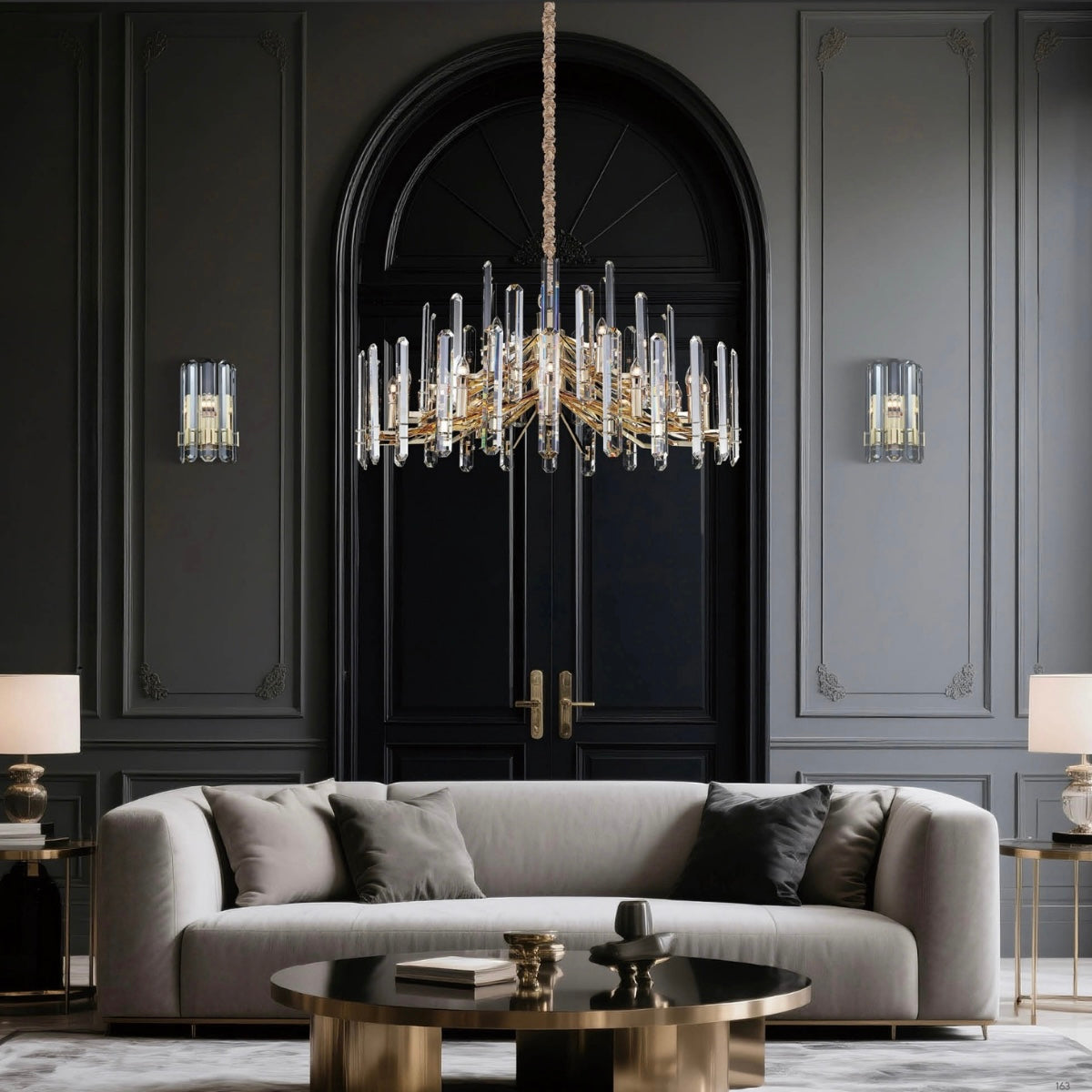 Architectural HDLS luxury chandelier with matching wall lights, designed for statement lighting in American homes.