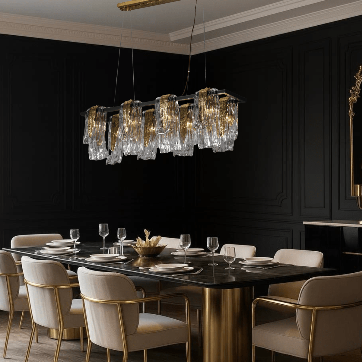 Aurora Magma linear Murano-style glass chandelier illuminating a luxury dining room with brass accents and refined modern décor.