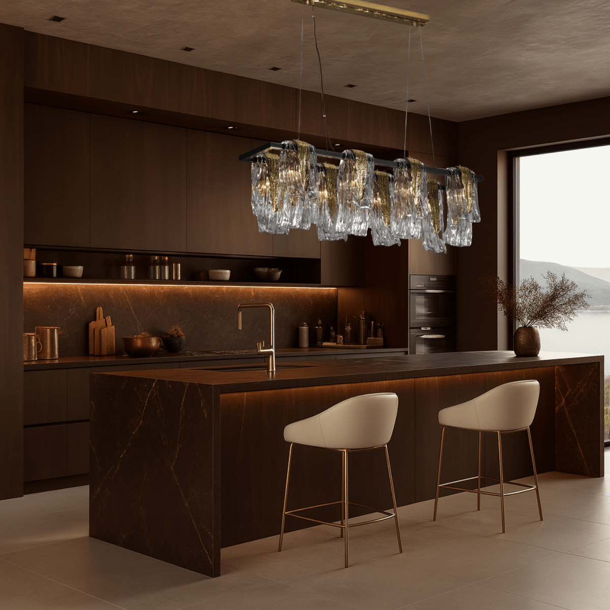 Aurora Magma linear brass chandelier above an elegant marble kitchen island in a high-end contemporary interior.