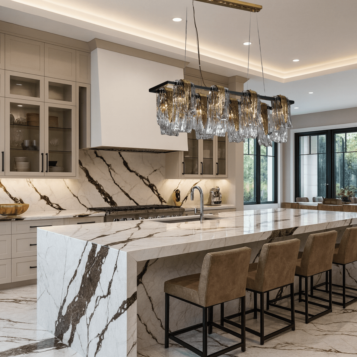Aurora Magma linear brass chandelier above an elegant marble kitchen island in a high-end contemporary interior.