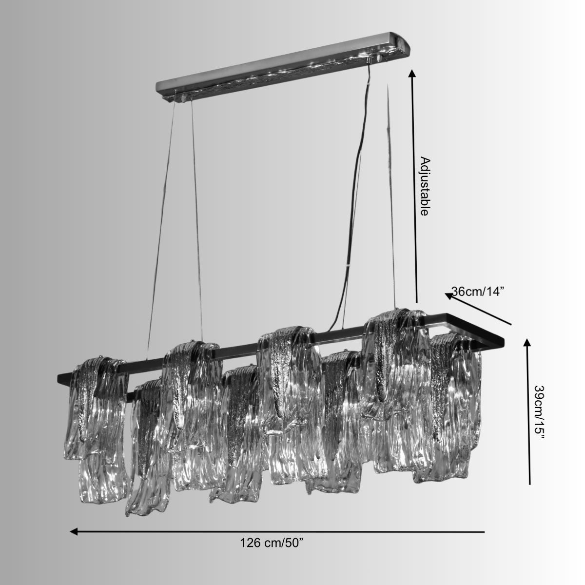 Technical drawing of the Aurora Magma chandelier showing full linear dimensions, suspension height, and glass arrangement.