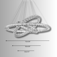 Technical dimensions diagram of the Halo Luxe Astraea chandelier showing the three crystal rings.