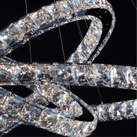 Close-up detail of the Halo Luxe Astraea chandelier showing precision-cut crystals and polished stainless steel rings.