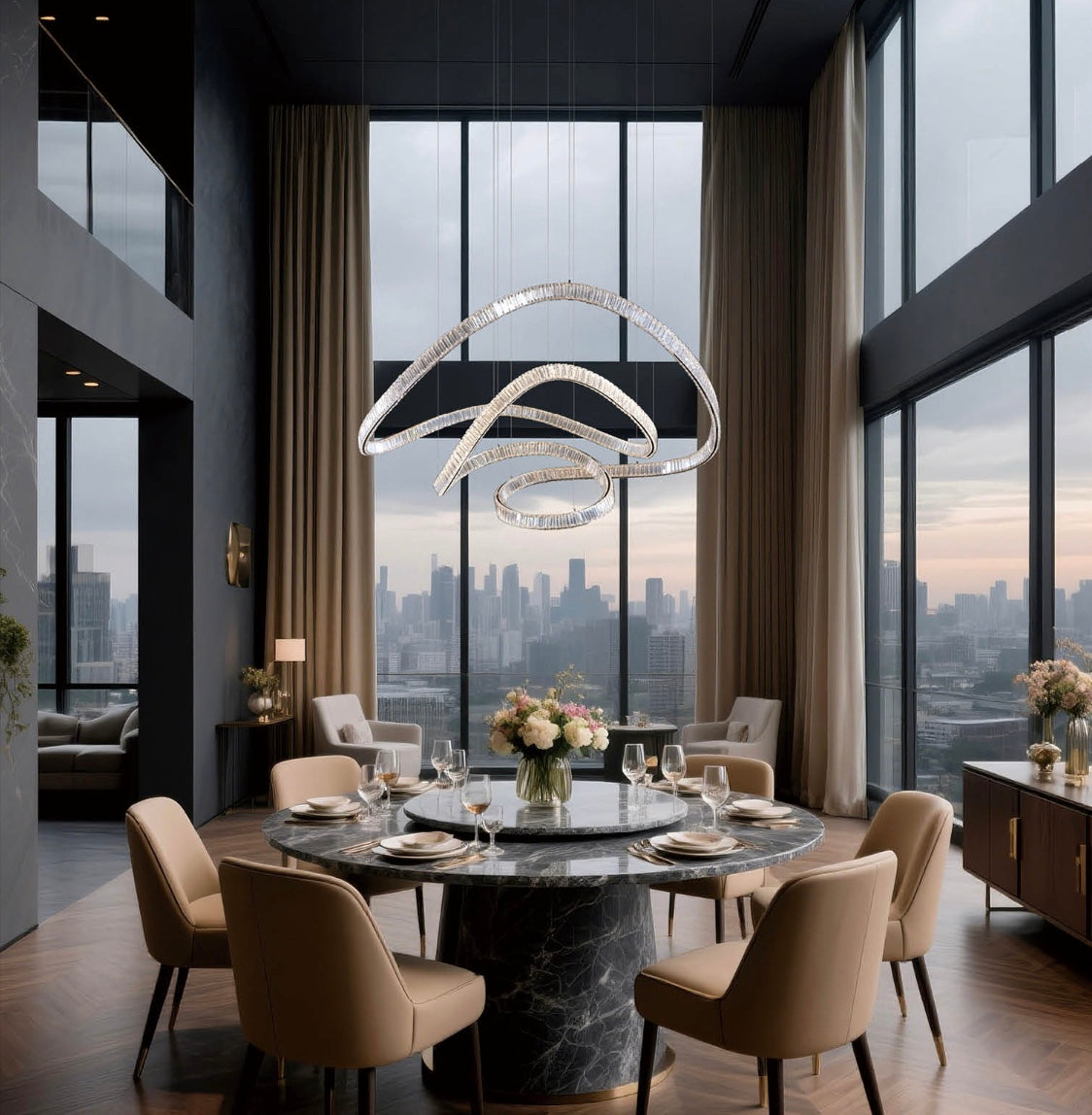 Elegant dining room with panoramic city views, showcasing an HDLS sculptural LED chandelier above a marble dining table in a high-rise luxury interior.