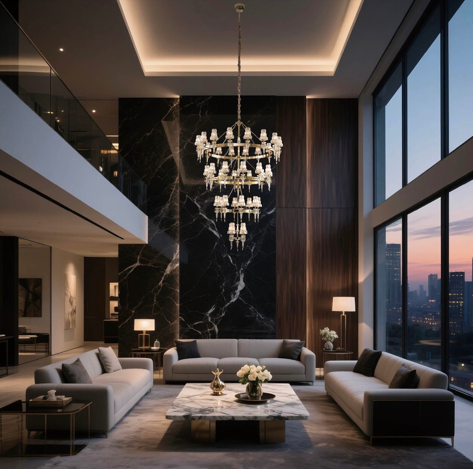Luxury double-height living room with a large HDLS crystal chandelier, marble feature wall, and modern designer interiors at sunset.