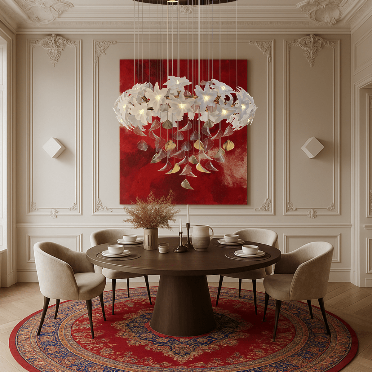 Magnolia Bloom chandelier illuminating a luxury dining room with red artwork, showcasing floral Murano glass petals.
