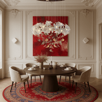Magnolia Bloom chandelier illuminating a luxury dining room with red artwork, showcasing floral Murano glass petals.