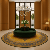 Magnolia Bloom chandelier displayed in a grand foyer with round rug, glowing Murano-style floral glass and gold leaf details.