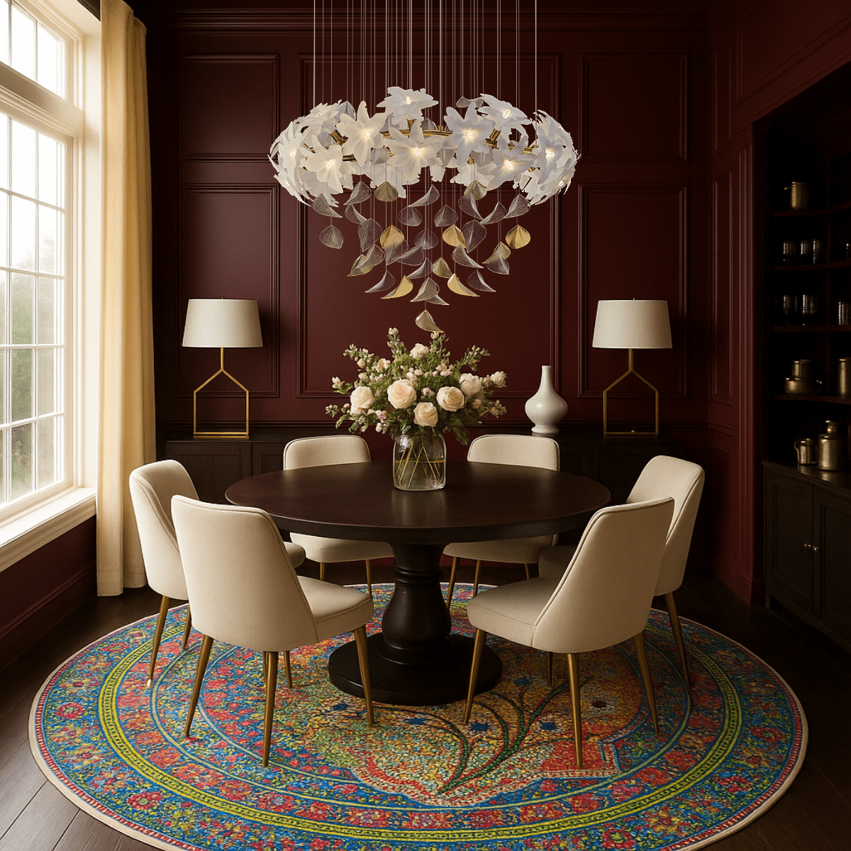 Magnolia Bloom chandelier enhancing a luxury dining space with sculptural floral Murano glass and warm gold accents.