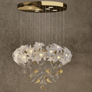 Magnolia Bloom chandelier with Murano-style glass petals and gold leaves suspended from round canopy.