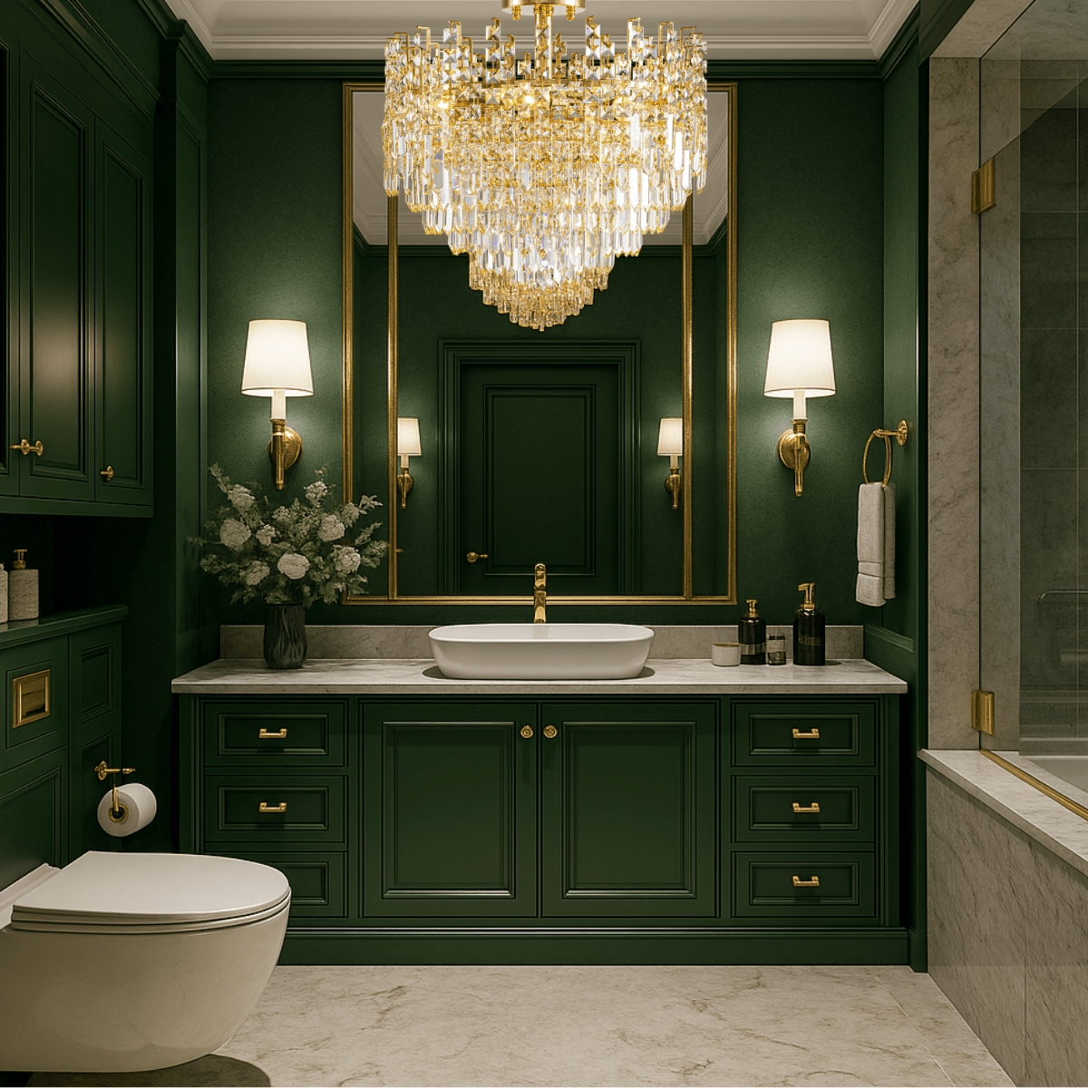 Maurice Doré crystal chandelier illuminating an elegant bathroom vanity area with gold accents and high-end interior finishes.