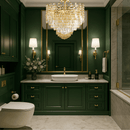 Maurice Doré crystal chandelier illuminating an elegant bathroom vanity area with gold accents and high-end interior finishes.
