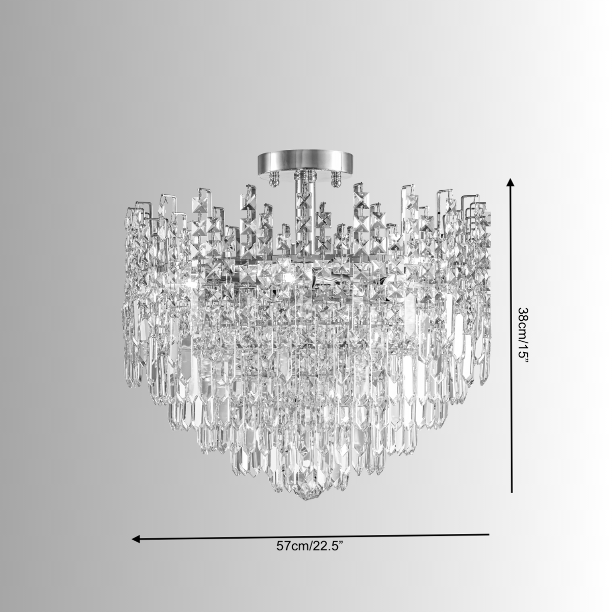 Technical drawing of the Maurice Doré chandelier showing diameter, height, dimensions, and semi-flush mounting structure.