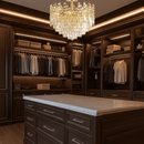 Maurice Doré gold crystal chandelier adding luxury lighting to an elegant walk-in closet with dark cabinetry.