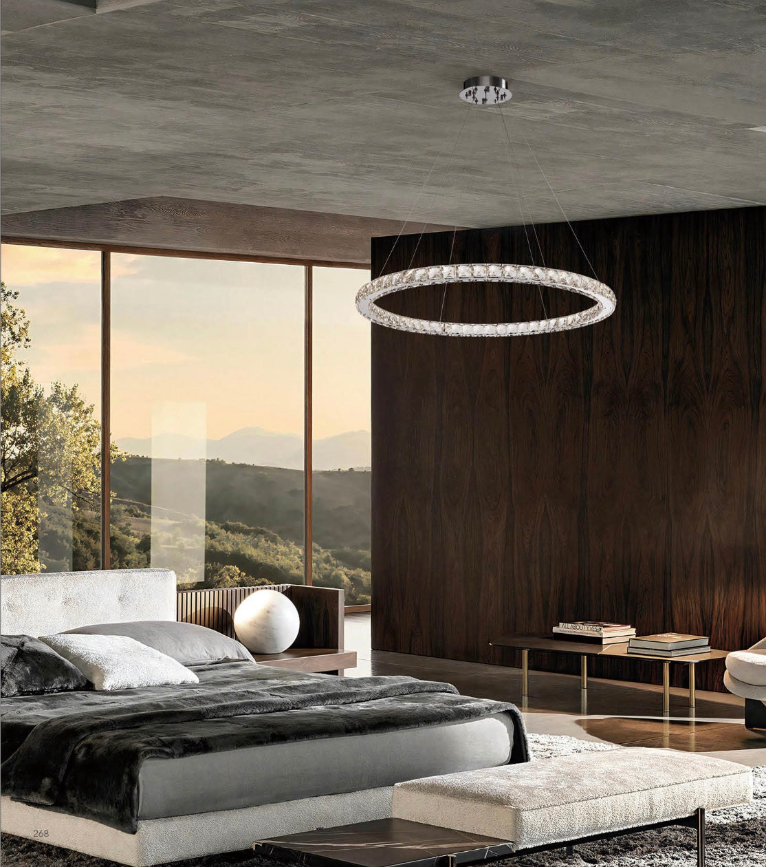 Luxury modern bedroom featuring HDLS crystal ring Halo Luxe Seraphina chandelier, floor-to-ceiling windows with scenic views, and refined contemporary decor.
