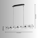 Technical drawing of the Modernus Linear chandelier showing length, height, suspension details, and arrangement of glass.